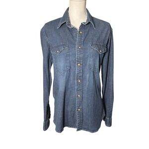 Wrangler Indigo Denim Western Snap Button Shirt Mens Medium Dark Wash Stretch